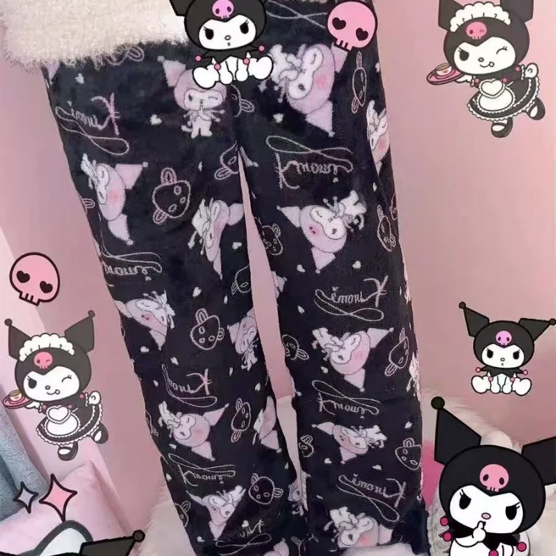 Sanrio Hello Kitty Cartoon Pants Women's Thickened Pajama Pants Kawaii Double Layer Stretch Soft Pants Anime Gift Home Clothes