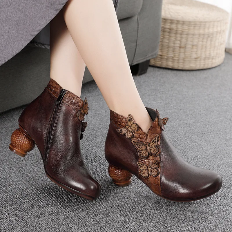 

Оригинальные женские кожаные ботинки ручной работы в стиле ретро, осенне-зимние, на толстом каблуке, этнические, универсальные, художественные, расклешенные, короткие ботильоны