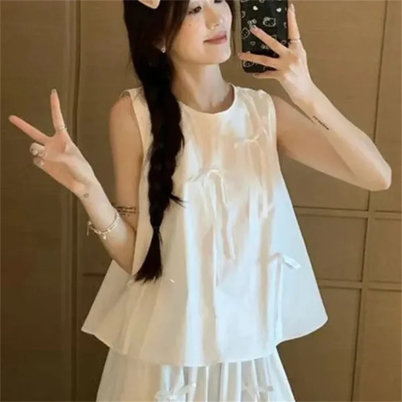 Sweetly Women's Summer Suits Design Three-Dimensional Bow With Loose White Sleeveless Shirt And High Waisted Skirt Two Piece Set