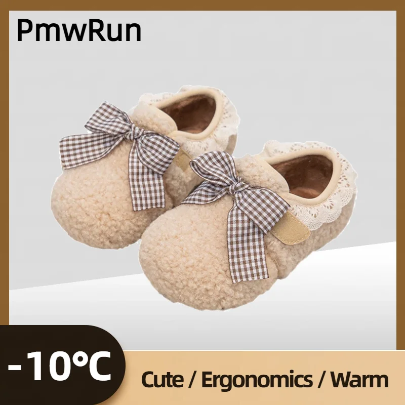 

Зимняя хлопковая обувь из искусственного меха для девочек. Нескользящая мягкая теплая теплая обувь с подкладкой. Корейский стиль. Детская зимняя обувь с милым бантом для девочек.