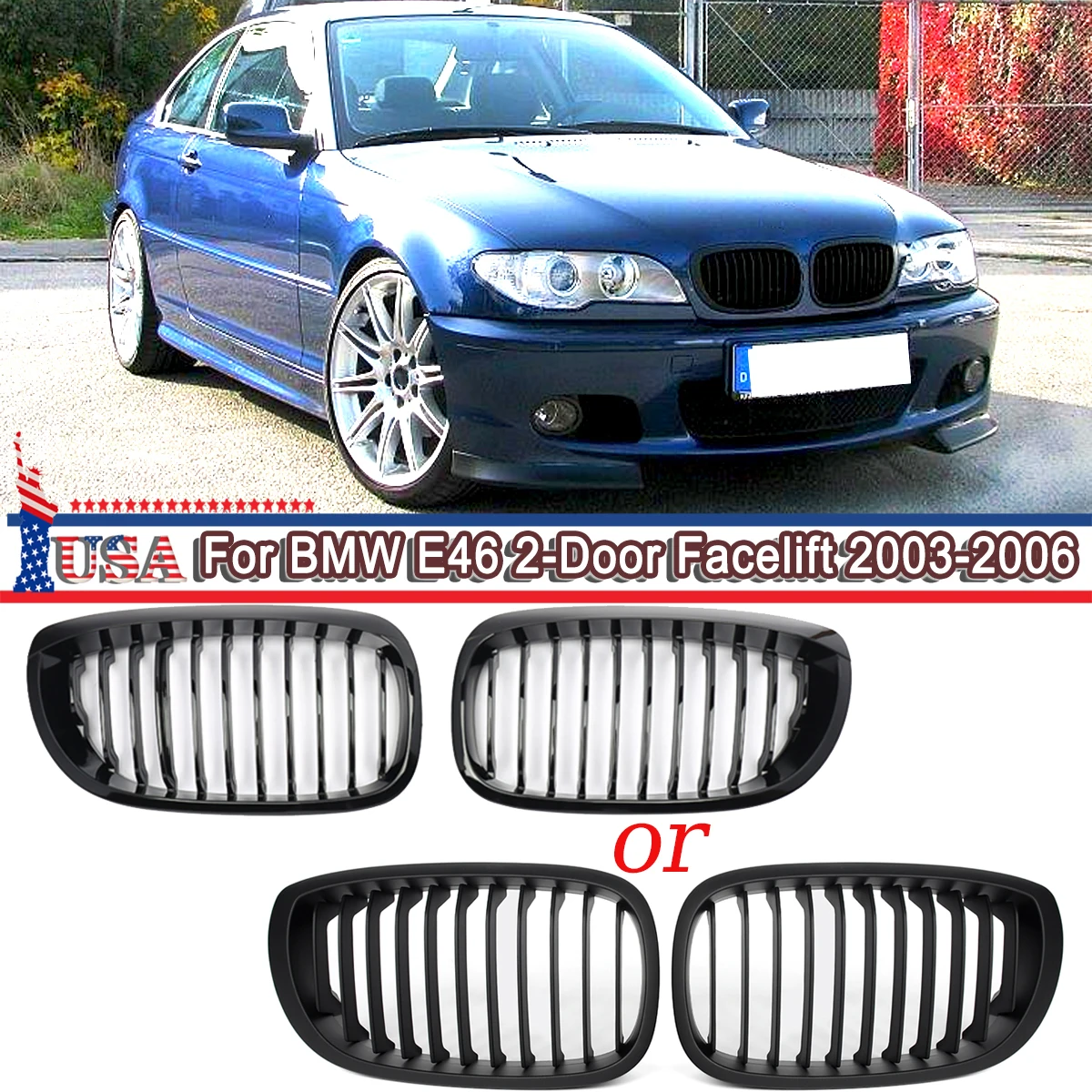 Griglia Anteriore Nera Opaca o Lucida per BMW E46 Coupé 2 Porte 325Ci 330Ci LCI 2002-2005, Griglia Sportiva Compatibile Aftermarket