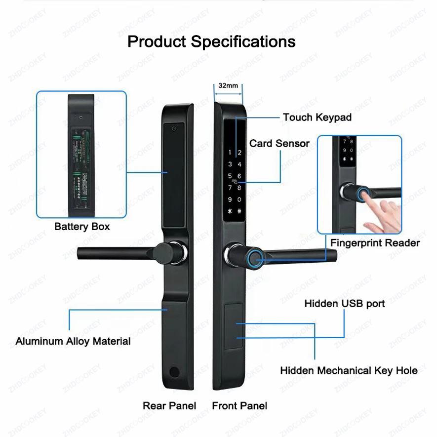 3.2CM Fingerprint Double Side Waterproof Slim Smart Door Lock Aluminum IC Card Password TTLock APP Electronic Sliding Door Locks