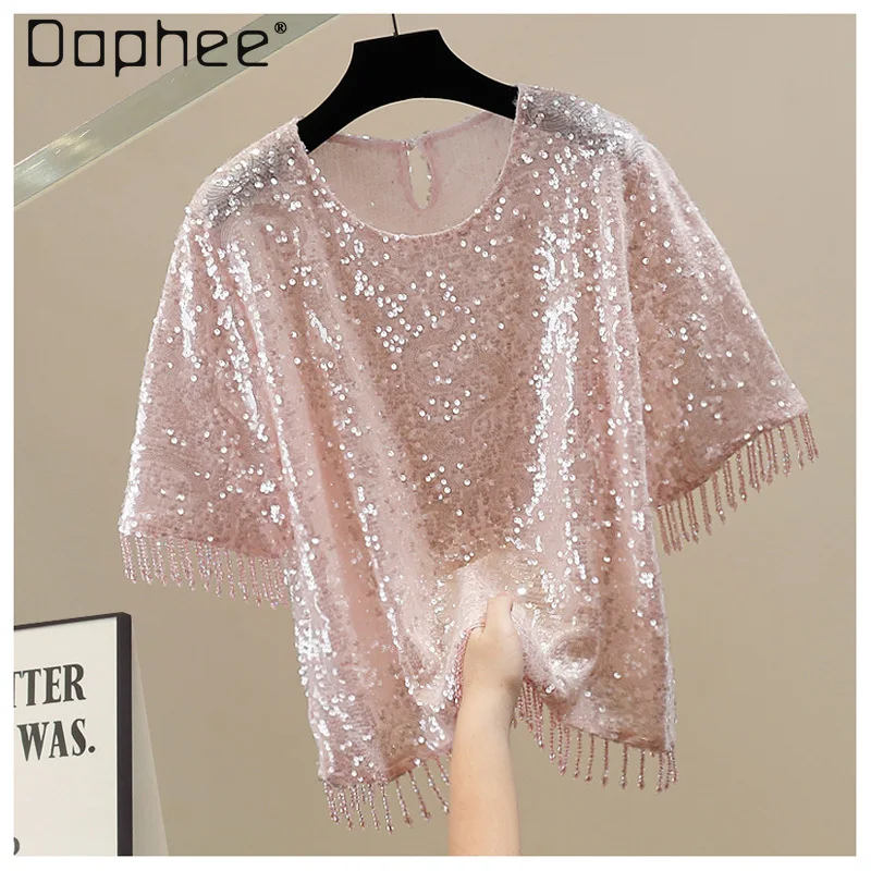 

Fashion Heavy Industry Sequined Beaded Tassel Short Sleeve Crew Neck T Shirt Women Summer New French Fashion Versatile Top Tide