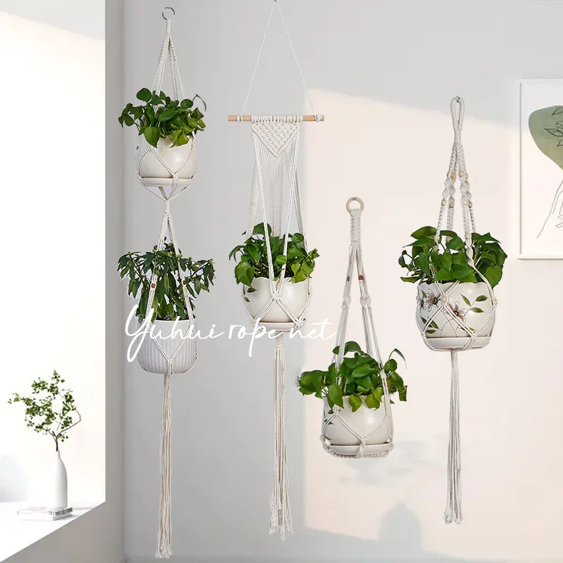 Cesta colgante de macramé hecha a mano para plantas, soporte para macetas de jardín, decoración colgante de pared de macramé, cuerda de elevación