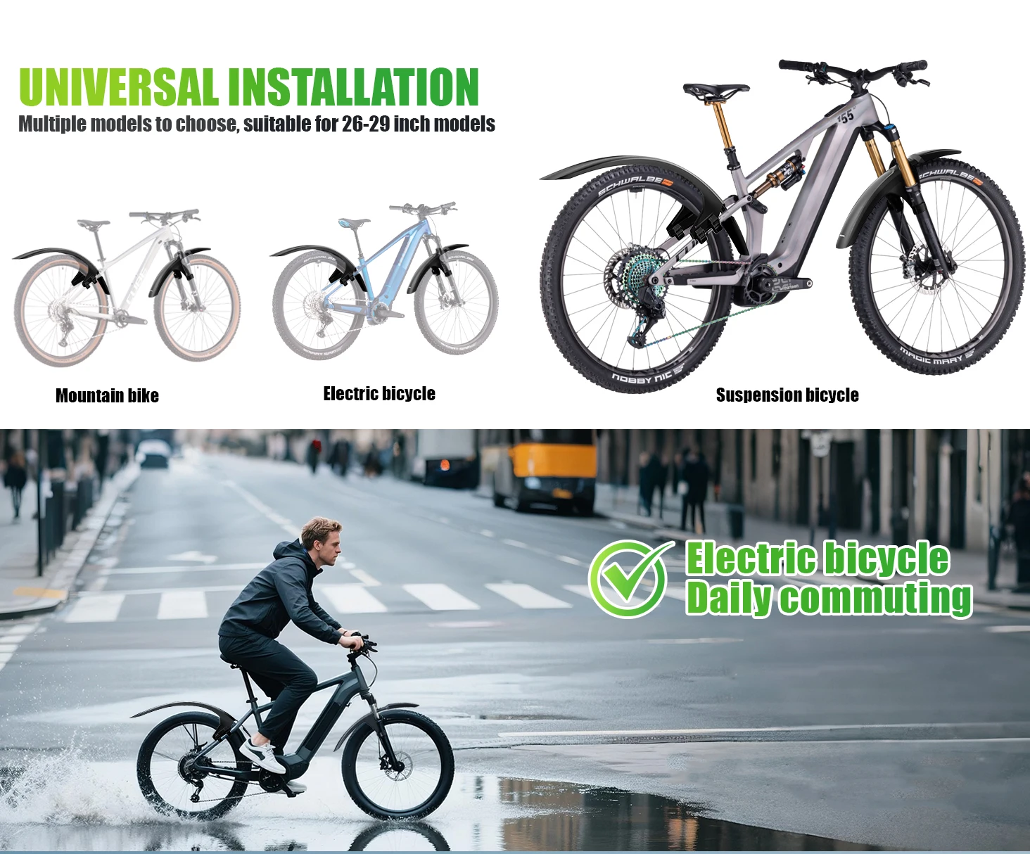 RBRL Extended Widen Fahrradschutzblech, kompatibel mit 7,6 cm Reifenbreite 26–29, vollständiger Abdeckung, spritzwassergeschützter Mountainbike-Schutzblech – Detail 9