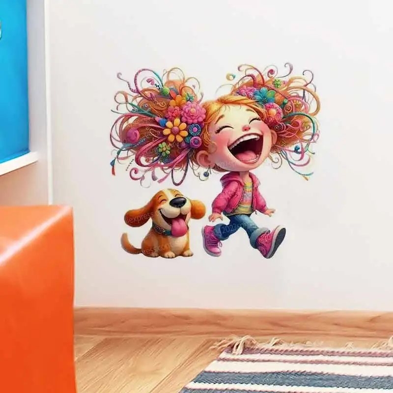 Children's Room Cartoon Hair Girl Animal Wall Stickers Colored Mural Decals for Bedroom Nursery Decoration