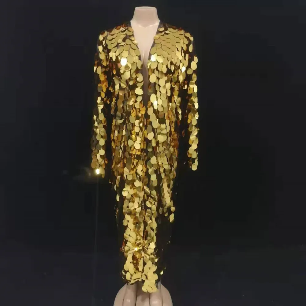 

Gold Silver Sequin Mesh Cloak Long Coat for Women Halloween Party Festival Rave Clothing Singer Leading Dance Drag Queen Costume