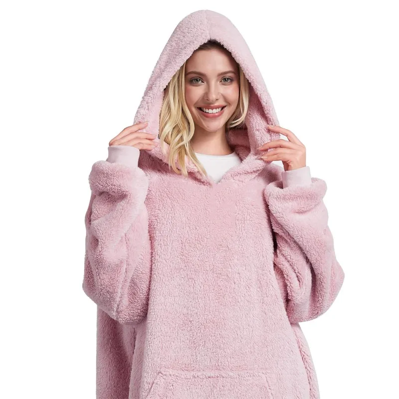 

Winter Thickened Hoodie Blanket Women Casual Flannel Composite Dopaamine Color Hooded Sweatshirt with Pocket Robes for Women