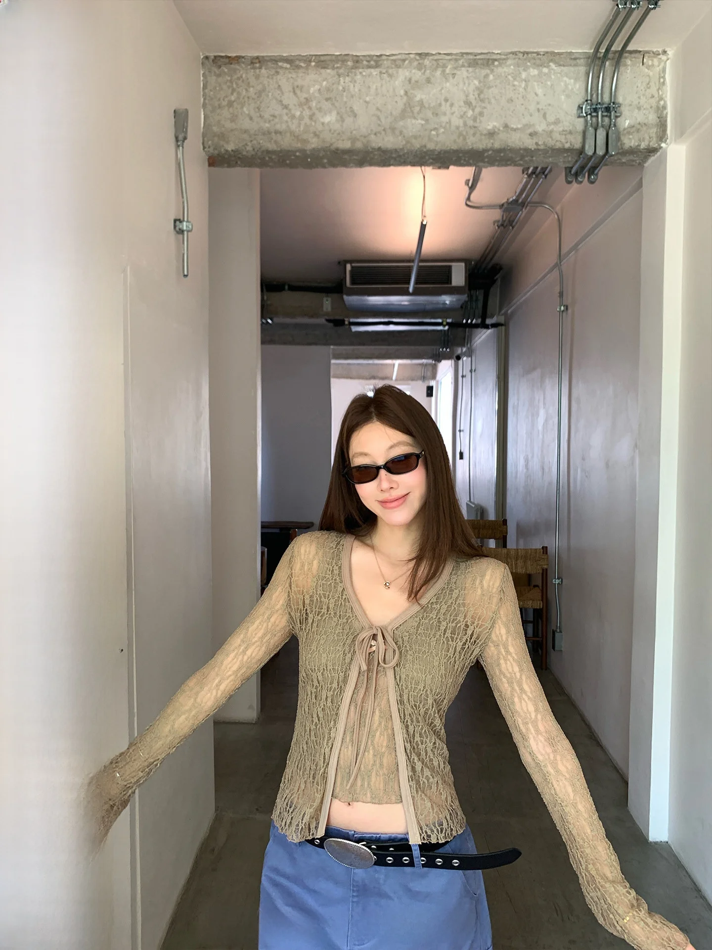 

Ranwear Exclusive Dyeing Drunken Moment Lace Set with Built-in Chest Pad V-neck Long Sleeve Open Cardigan Women's Fashion