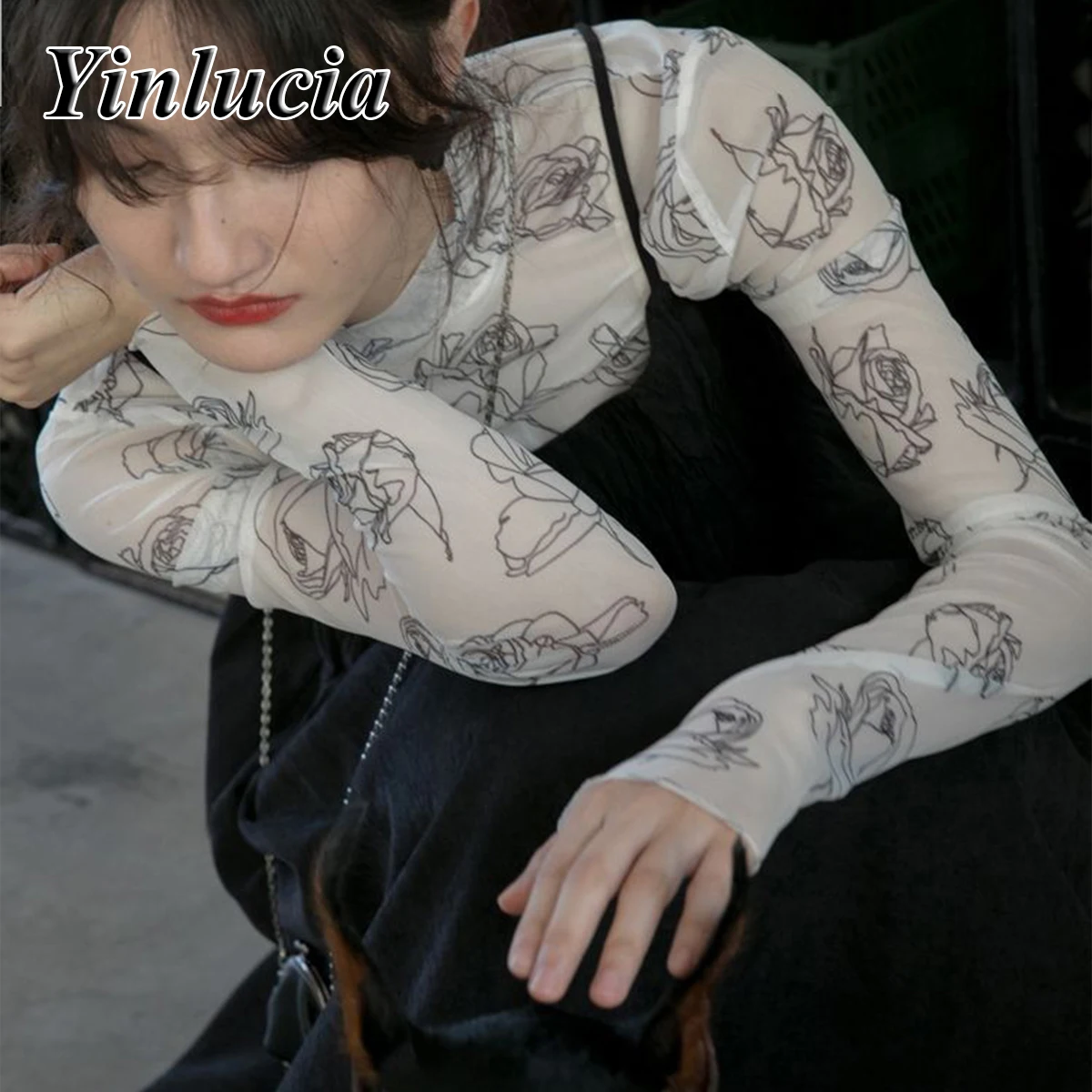 Rose Line Printed Tee Elastic Slim Tops Women Blouses Sexy Mesh Thin Base Shirt Blouse Hot Babes Pullover Y2K Street Wear New