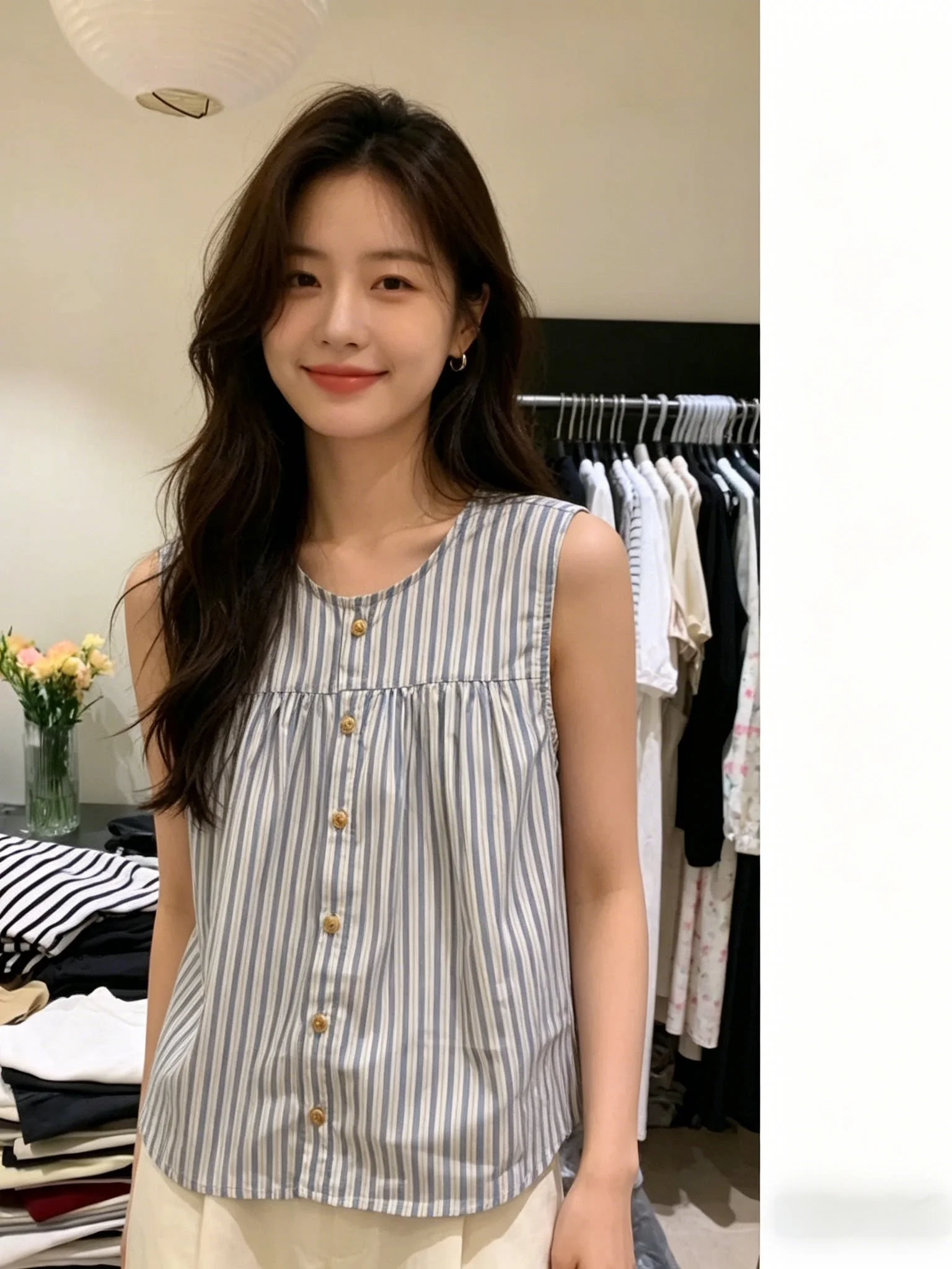 

Elegant Sweet-and-Spicy Striped Sleeveless Loose Shirt Luxury Minimalist Design Summer Fashion Women's Cotton Linen Blend Blouse