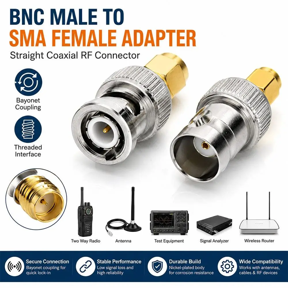 Metal BNC to SMA Adapter Male to Female Straight BNC Male Adapter Threaded Connection Bayonet Coupling SMA Female Adapter
