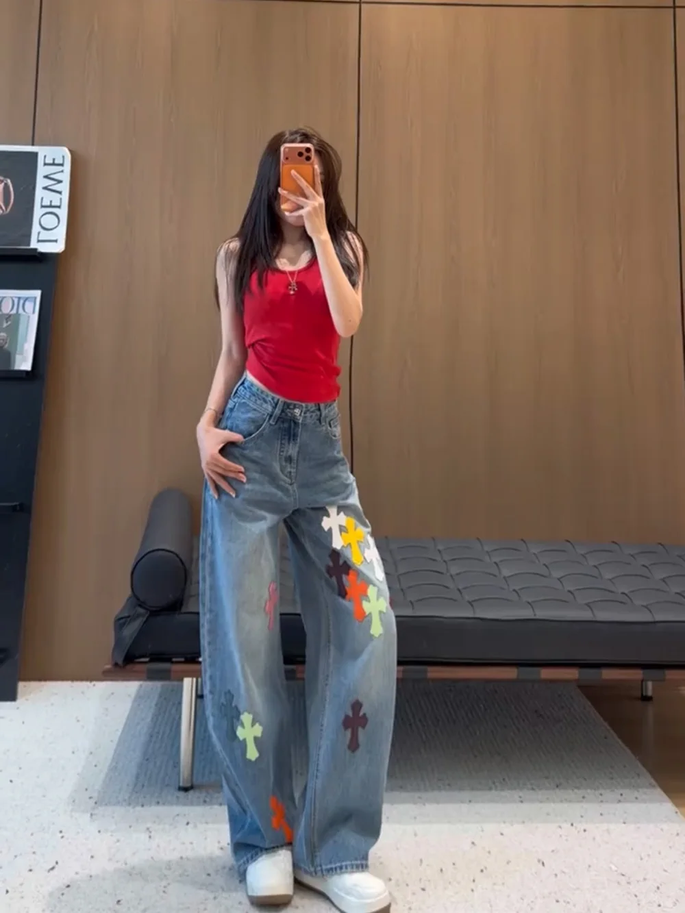 

Джинсы с высокой талией и прямыми штанинами, женские свободные брюки с широкими штанинами, хлопковые брюки с вышивкой и пэчворком