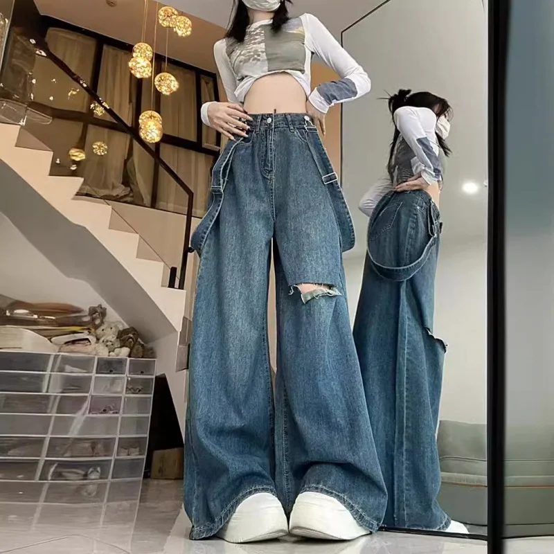 

Design Sense Niche Suspender Pants Women's Summer Ripped Jeans Loose Wide Leg Pants Mop Pants High Waist Straight-Leg Shorts