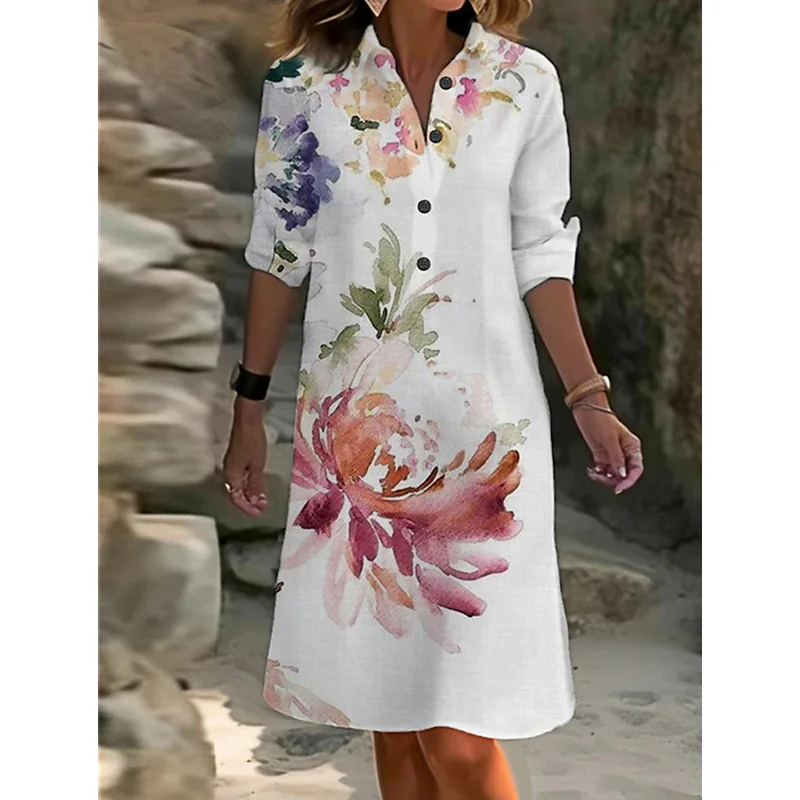 2023 Lente damesjurk Casual mode bedrukte overhemdkraag gesplitst lange mouw V-hals half vest