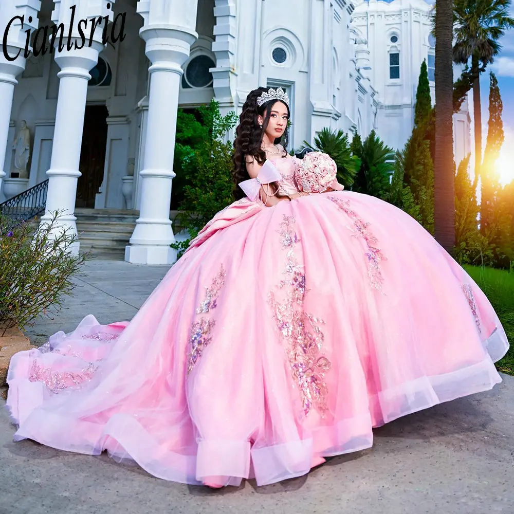 

Розовые аппликации с блестками и кружевным бантом Quinceanera Платья Бальное платье с открытыми плечами и бисером Sweet 15 Años Мексиканский индивидуальный заказ