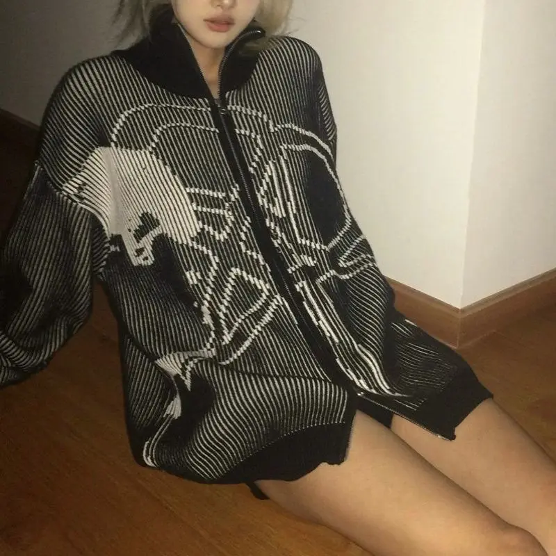 Korean Deeptown Y2k Harajuku Women's Zip Up Sweaters Vintage Gothic Kint Cardigan Grunge Fashion Oversized Streetwear Autumn