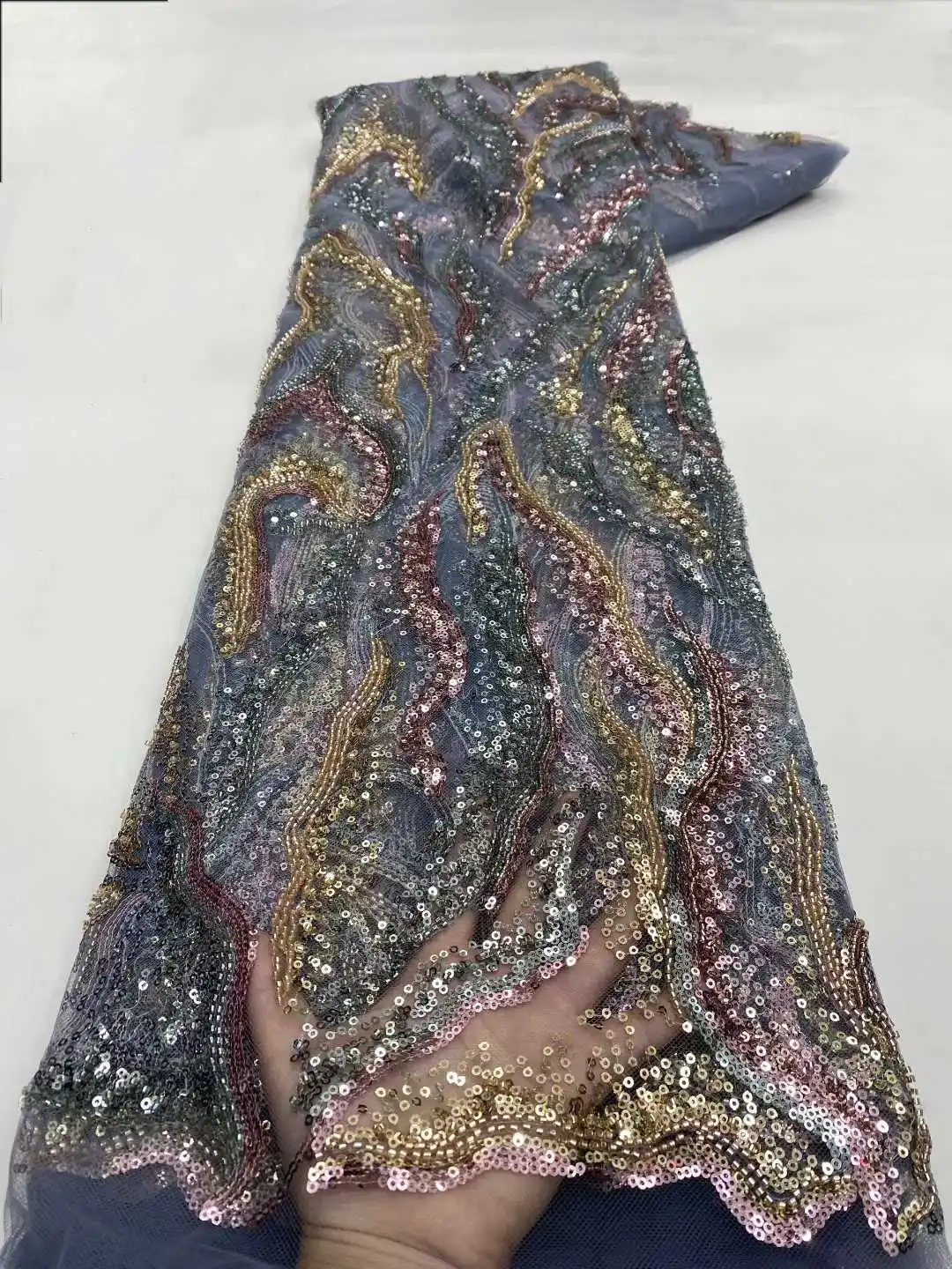 

Элитная ткань с ручной вышивкой бисером и кружевом, свадебная ткань класса люкс, французские и нигерийские пайетки, вышитые на тюле, 5 ярдов