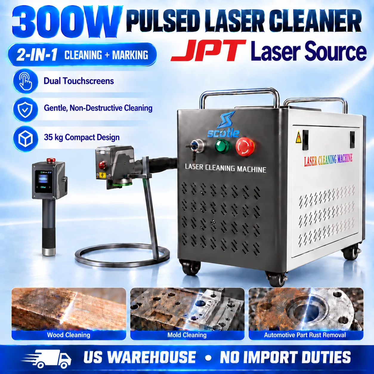 JPT 300W 2-IN-1 Pulsed Laser Cleaner & Marking Paint Oil Graffiti Removal for Metal Wood & Wall Surfaces | Non-Damaging EU Stock