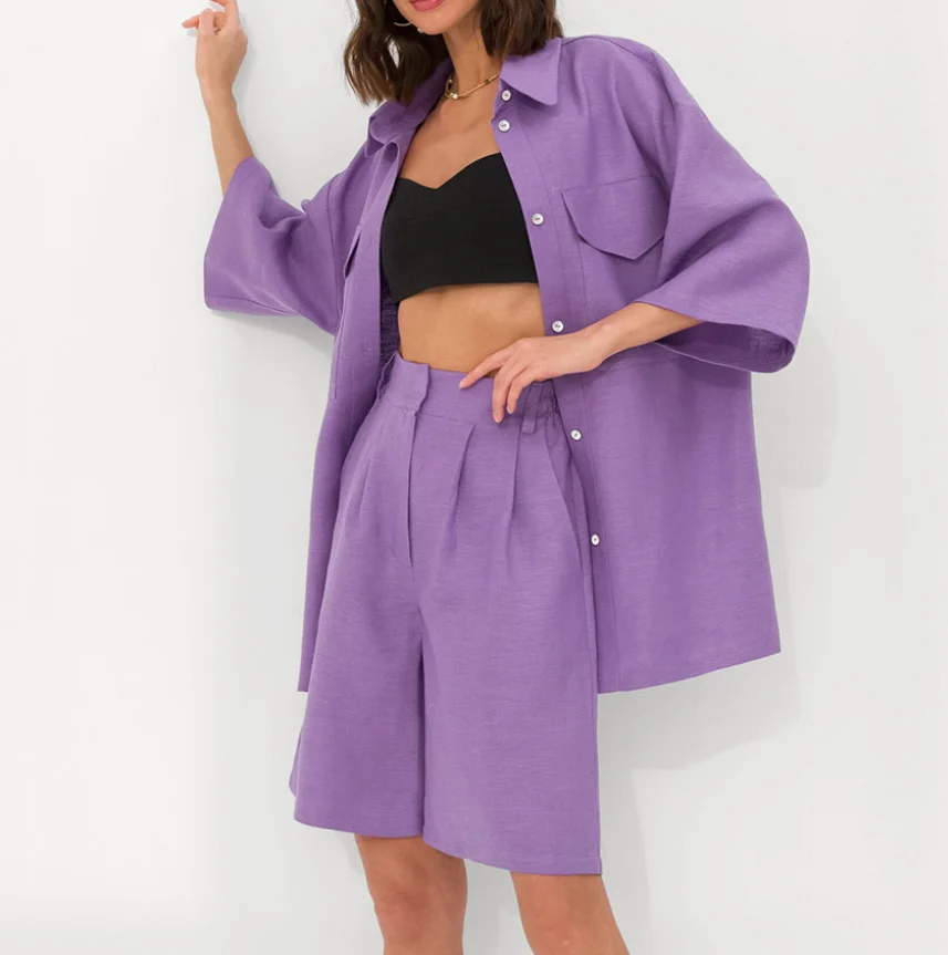 

Summer Short Sets Woman Solid Color Single Breasted Shirt Top High Waisted Straight Shorts Set for Woman Casual Loose Short Sets