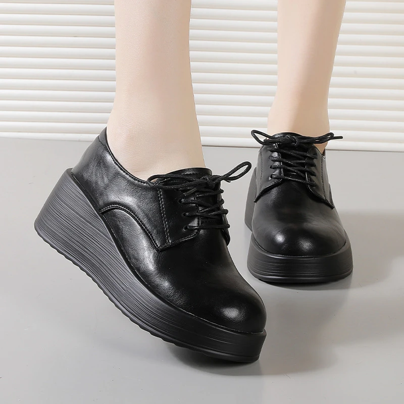 

Mom's Shoes Work Shoes Thick-Soled Small Leather Shoes Women's Platform Lace-Up Wedge Single Shoes Women's Shoes For Work