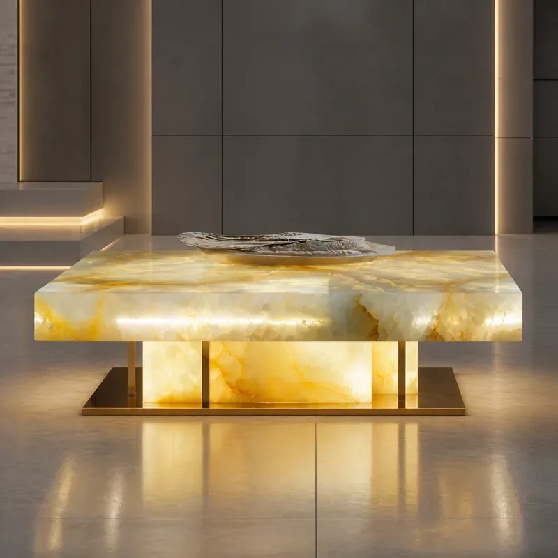 Modern Natural Luminous Marble Coffee Table Square Large Flat Floor Luxury Stone Design for Living Room Villa Home Decor