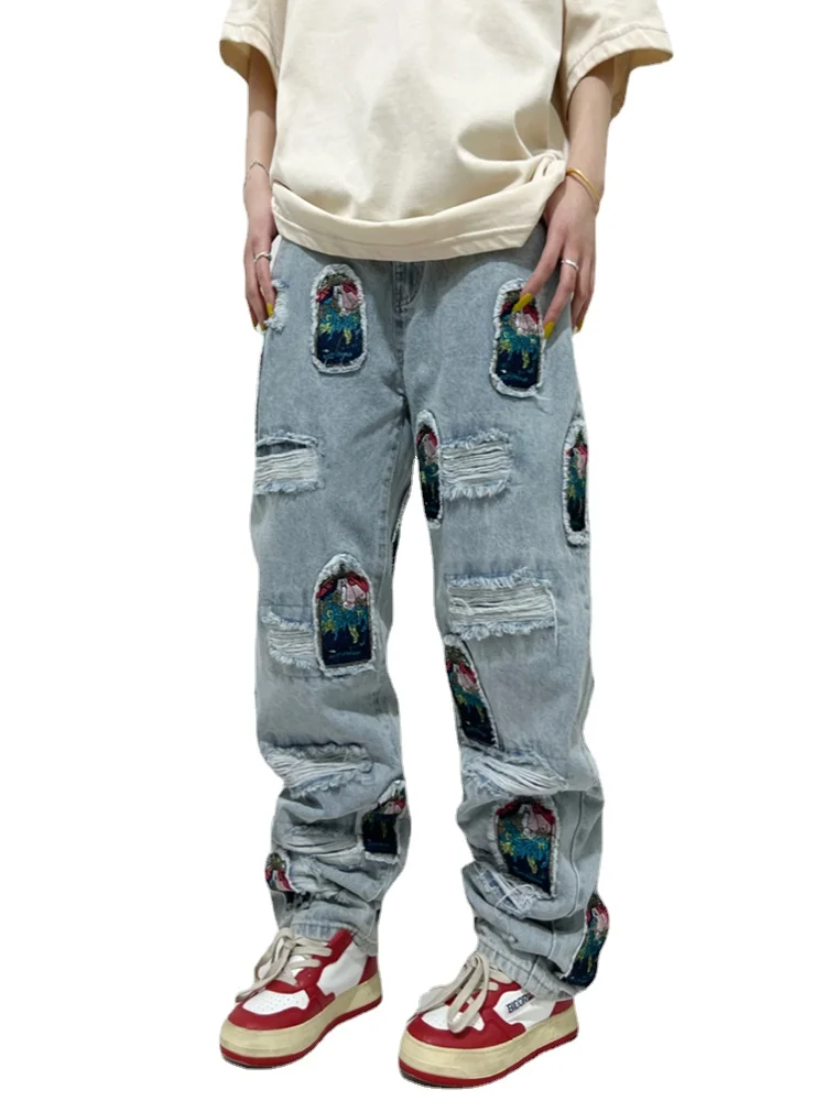 Fashion Ripped Holes Patchwork Harajuku Embroidery Denim Straight Jean Pants Y2k Trouser Unisex Hip Hop Streetwear Jeans Pants