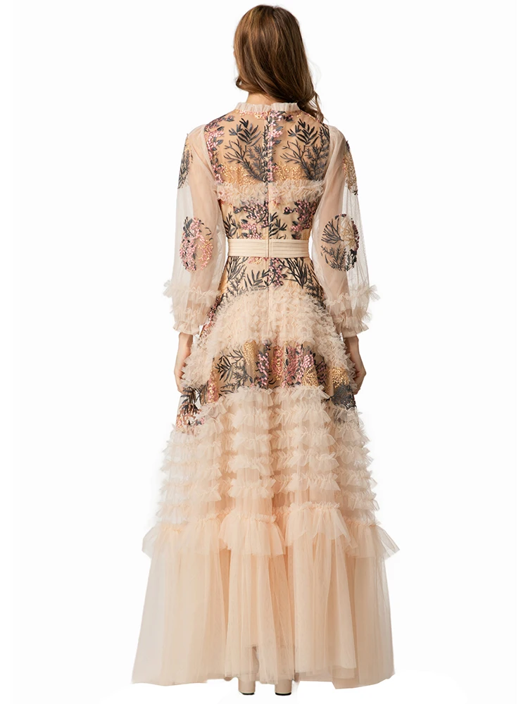 DLDENGHAN Floral Embroidery Maxi Mesh Dress For Women O-Neck Lantern Sleeve Ruffles Elegant Party Dresses Autumn Fashion Female