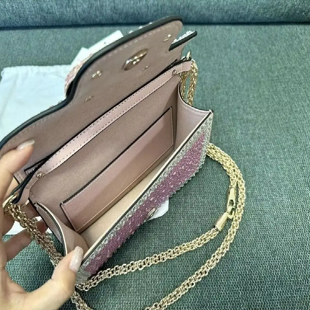 Sparkling Gradient Pink Rhinestone Mini Bag Ladies Chain Strap Flap Crossbody Purse