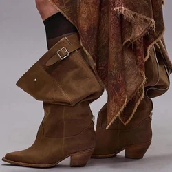 Winter Fashion Women High Boots Suede Pointed Toe Shoes Designer Mid Heels Chelsea Boots 2024 Trend New Gladiator Zapatos Femme