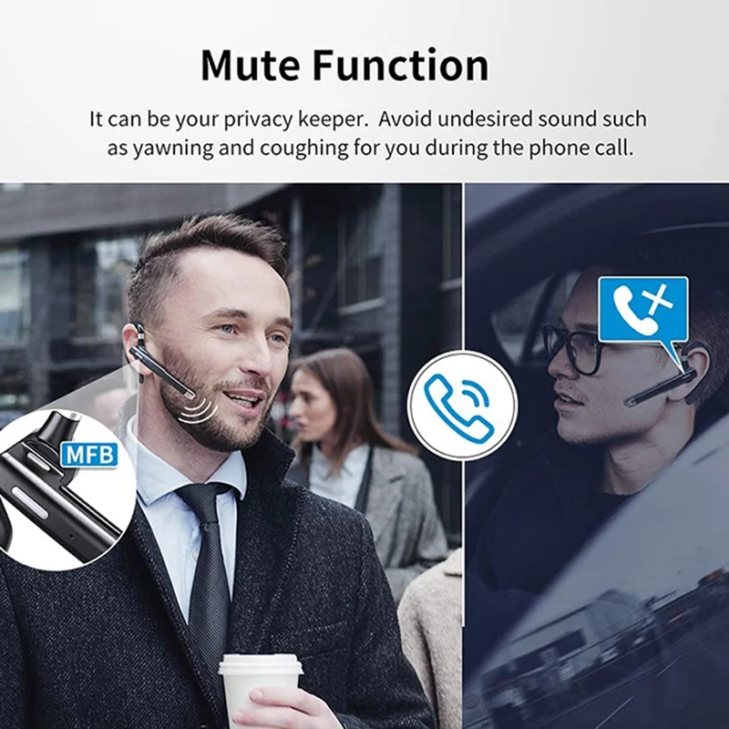 Wireless Bluetooth Headset Hands Free Single Ear Headphone Noise Cancelling Microphone for Office/Driving A