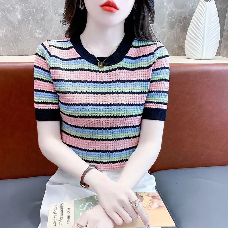 Trend Simplicity Versatile Summer T-Shirts Women O-Neck Striped Ice Silk Patchwork Fashion Casual Short Sleeve Slim Knit Tops