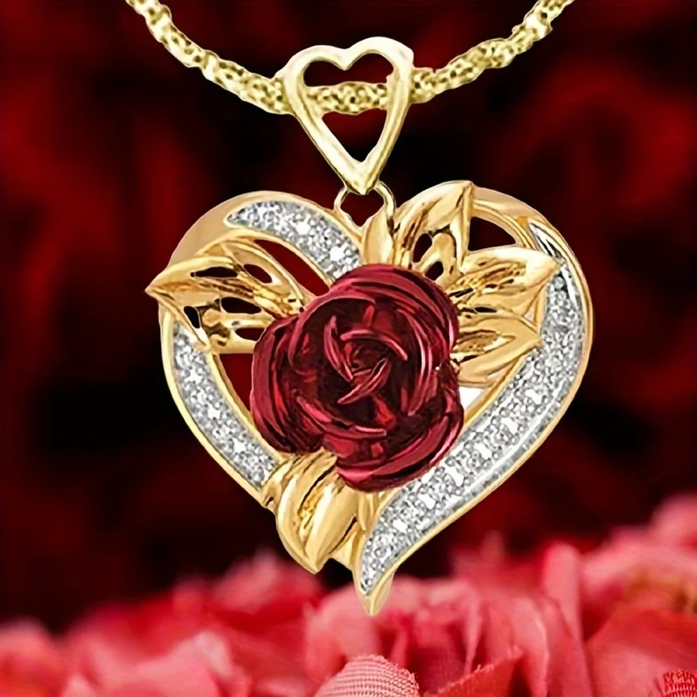 Elegant Heart-Shaped Red Rose Pendant Necklace - Perfect Romantic Present for Anniversaries, Holidaysniche Style, Exquisite