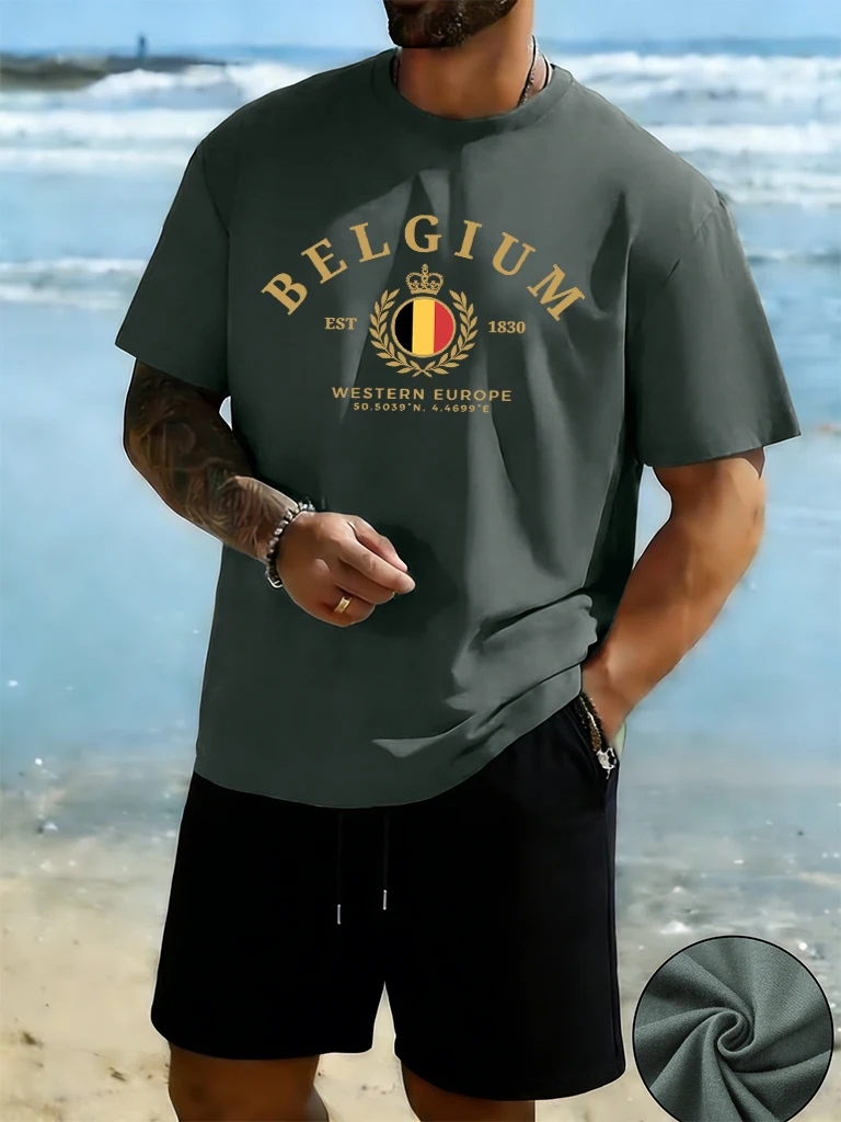 

Belgium Western Europe Est 1830 Printed All-Match Casual Beach Short Man 2Pc Set Cotton Simple Sportswear Jogging Summer Shorts