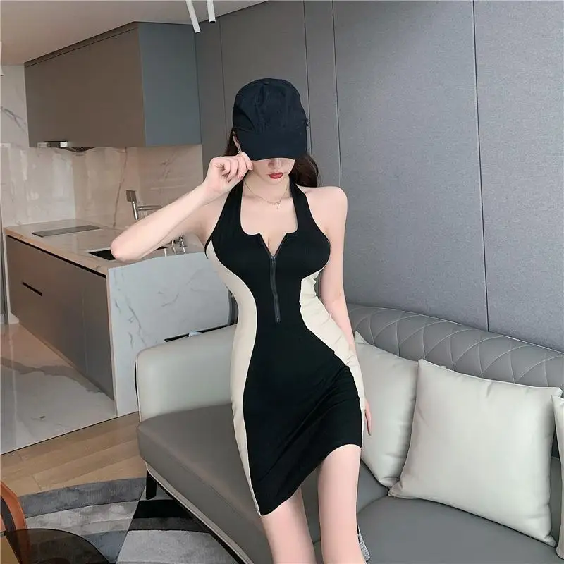 موضة جديدة لربيع وصيف امرأة منخفضة القطع الخامس الرقبة المتناقضة اللون فستان الرسن مثير فتاة سليم التفاف الورك تنورة صغيرة فتاة حفلة هدية #4