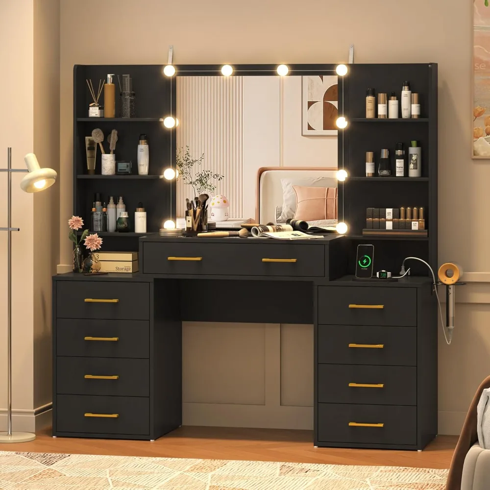 

55 in Glass Top Vanity Desk with Mirror and Lights, Large Vanity Makeup Mirror Desk with Charging Station Compartment Storage Dr