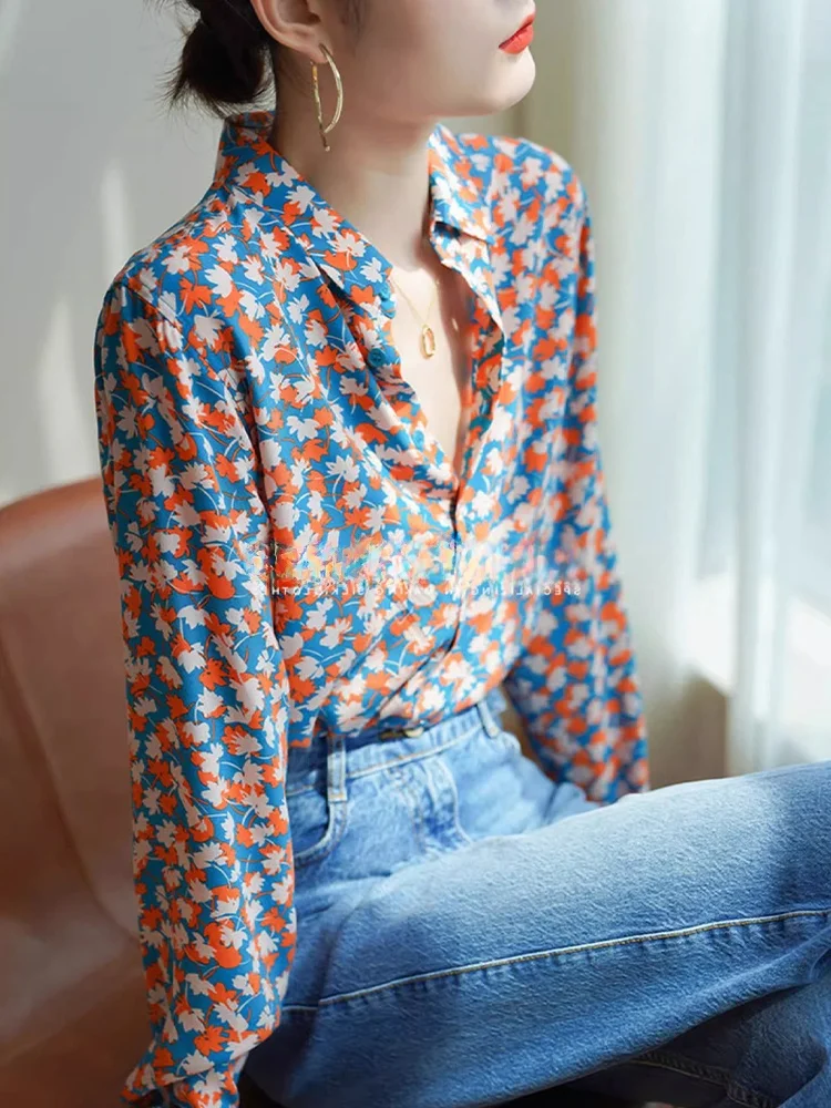 

Sweet Floral Long Sve Women's irt Outerwear Chiffon Slimming Top Commute Anti-Aging Maturi Sle Autumn New Faion