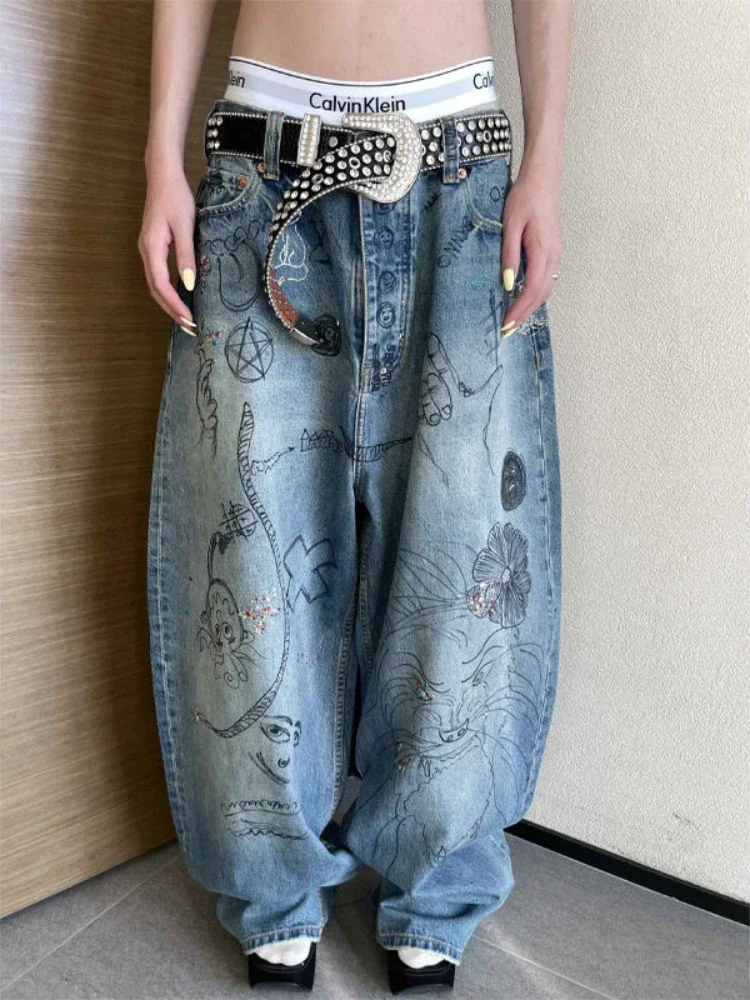 

ADAgirl Harajuku Graffiti Dragon Blue Jeans Baggy Wide Leg Denim Pants Vintage Cowboy Trousers Y2k Hip Hop High Street Bottoms