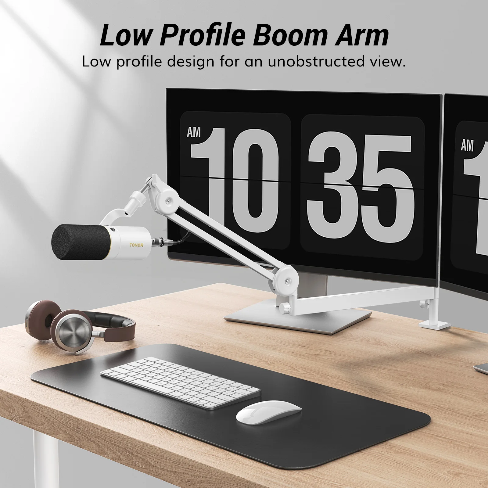 ذراع بوم الميكروفون، ذراع ميكروفون منخفض المستوى، حامل ميكروفون قابل للتعديل بالكامل مع مشبك تثبيت على المكتب، محول لولبي، إدارة الكابلات #2