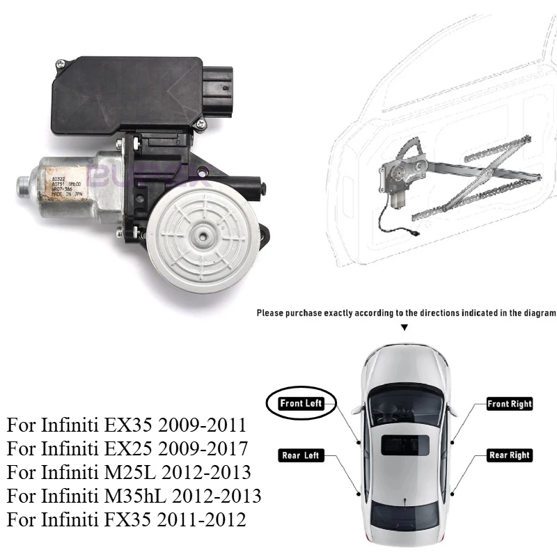 

1pc Front Left Power Window Motor for Infiniti EX35 EX25 M25L M35hL FX35 Electric Glass Regulator High Quality Parts 807511ML0E