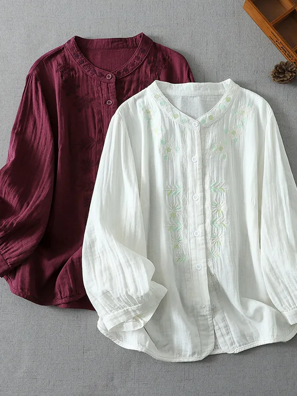 Loose Fit Korean Style Embroidered Shirt Stand Collar Single Button Autumn Large Size Open Cardigan Casual Women's Top