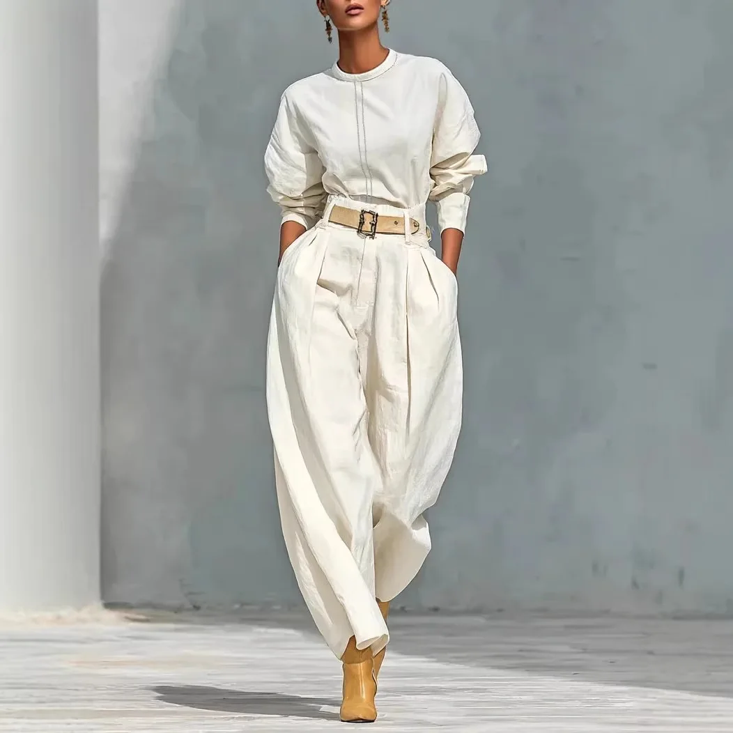 

2026Spring Casual Two Piece Set Woman Elegant O-Neck Top & Harem Pants Suit Autumn Solid Loose Vacation Outfit Elegant with Belt