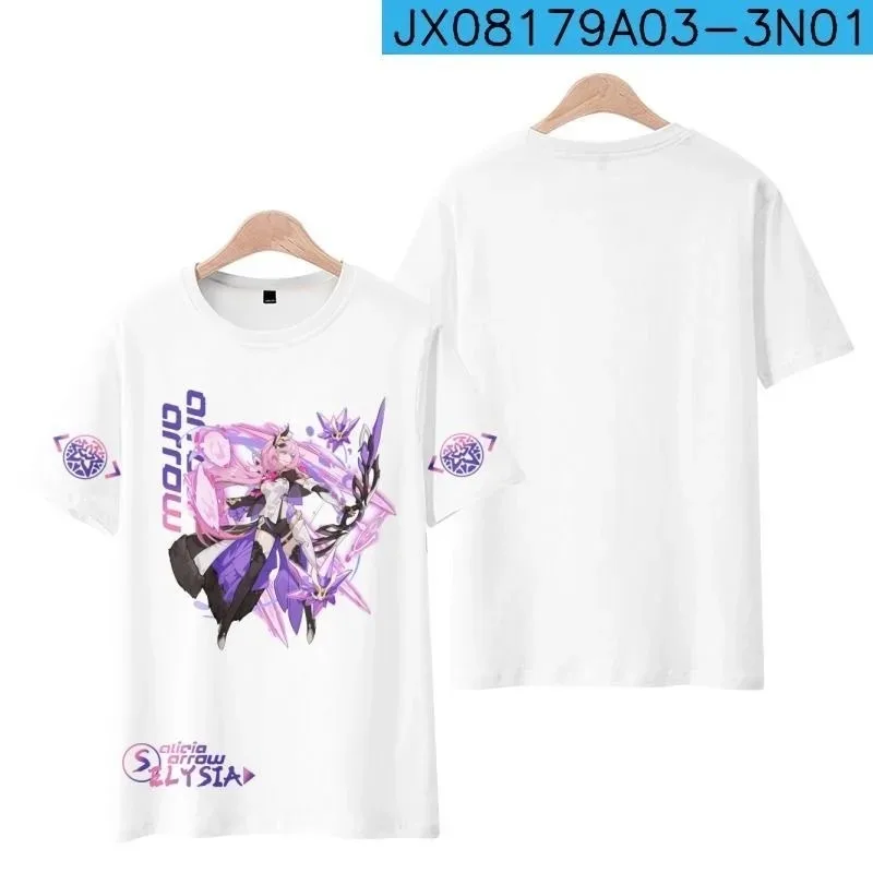 Honkai Impact 3 Elysia 3D T-Shirt z nadrukiem, okrągły dekolt, krótki rękaw, popularna gra Streetwear, moda letnia, Plus rozmiar