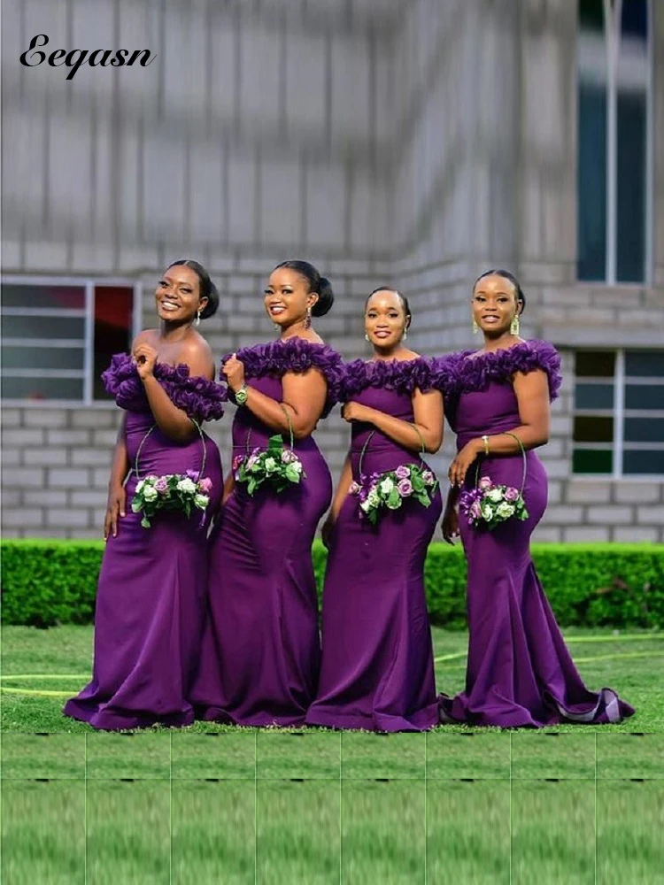 Gaun Pengiring Pengantin Putri Duyung Ungu Panjang Elegan Gaun Pesta Pernikahan Ruffles Wanita Afrika Tanpa Bahu Pembantu Kehormatan