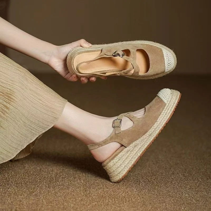 Sandalias de Mujer con Punta Cerrada y Tira en T, Estilo Francés, de Gamuza con Hebilla, Plataforma de Esparto, Retro, con Cuña, Tipo Mary Jane y Pescador