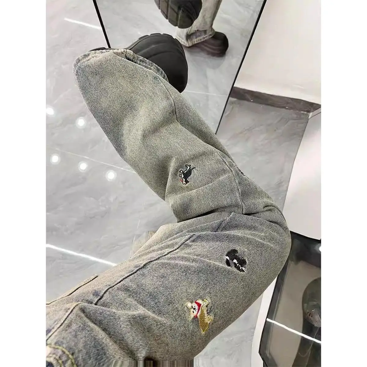 

High Waist Wide Leg Embroidered Denim Jeans Women's Loose Fit Straight Leg Floor-Length Casual Trousers Spring Autumn Design