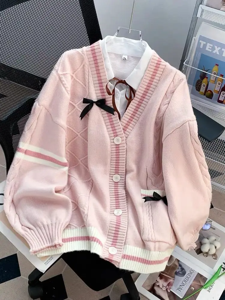 Women's Autumn and Winter New Loose Bow Lazy Style Reduced Age Knitted Sweater Cardigan Jacket