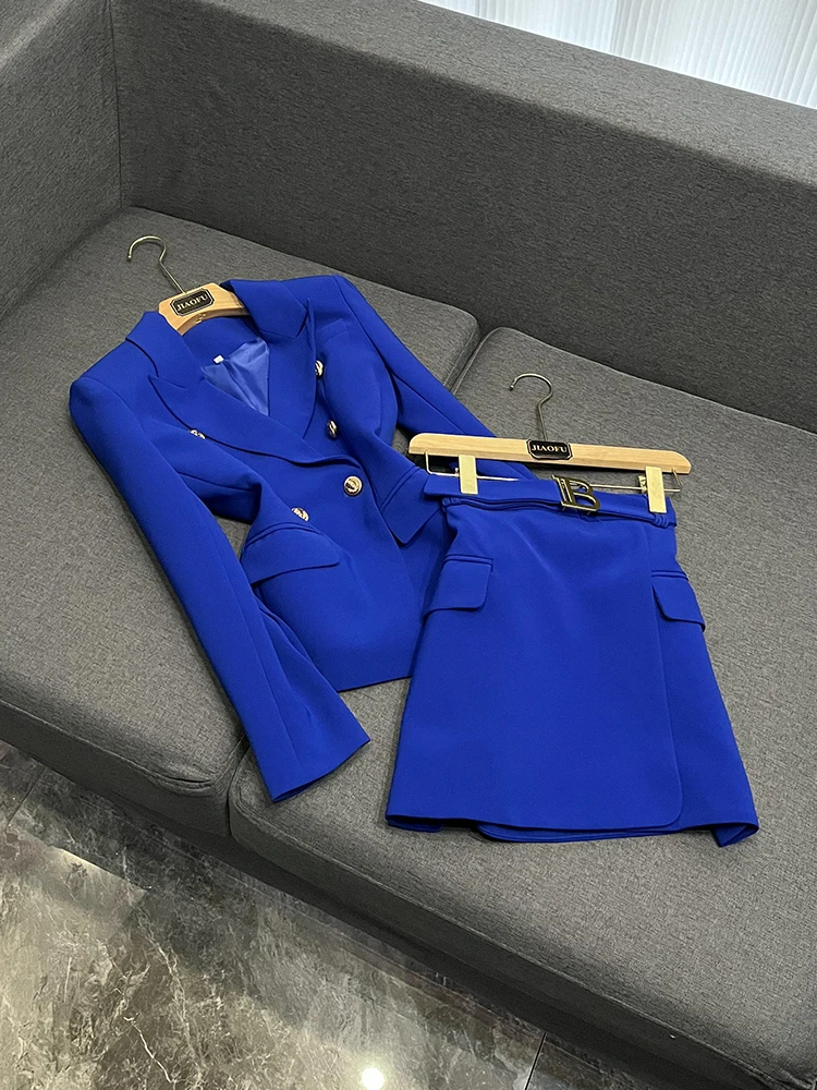 

Ele Deep Blue Suit Jaet with B Button f Skirt Commute OL Women's Two-Piece Set Faionable Workwear Ensemble