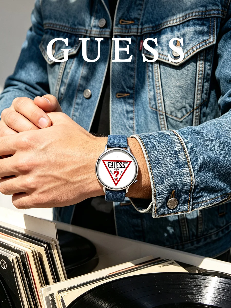 Guess Unisex Watch Blue Denim Straps Silver Tone Analog Quartz Wristwatch Iconic Logo Dial for Streetwear Casual Daily Styles