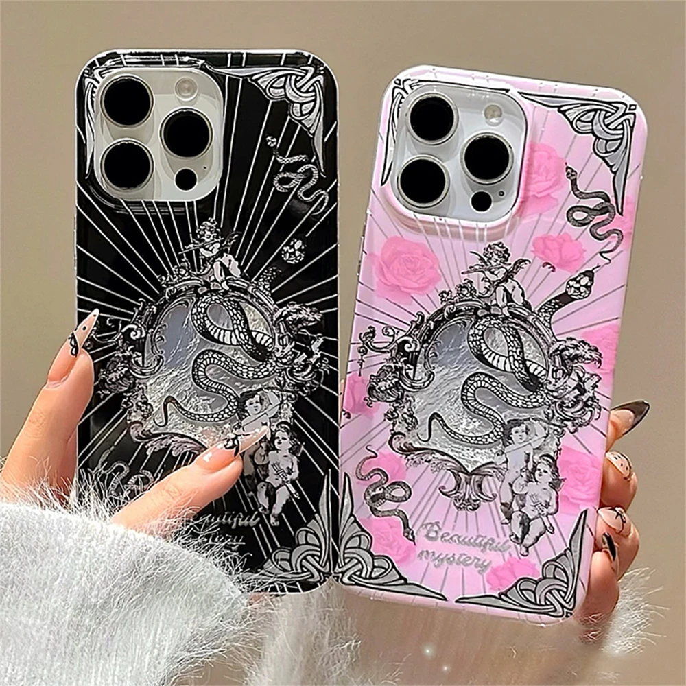 Retro Y2K Cupid Flower Snake Couple Phone Case Compatible With iPhone 16 Pro Max 15 Pro Max 14 Pro 13 Pro Shockproof Back Cover